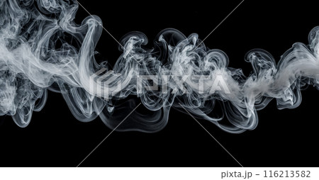 Swirling smoke patterns isolated on black background, abstract natural motion, dynamic fluid shapes in air, monochrome, elegant wavy lines of white smoke 116213582