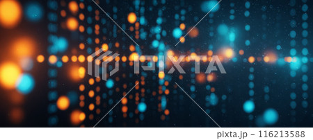 Abstract network of glowing nodes and connections on dark backdrop, symbolizing digital technology, data exchange, internet communication in cyberspace with selective focus and bokeh effect 116213588