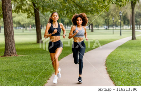 two young women jogging in park, fitness duo running on path, healthy lifestyle exercise, active sport session outdoors, recreational workout in natural setting 116213590