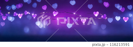 Illuminated Heart Garland on Purple Blue Gradient Background, Festive Decoration, Romantic Lighting, Valentine Day Banner, Love Concept, Horizontal Layout for Greeting Card or Advertisement Design 116213591
