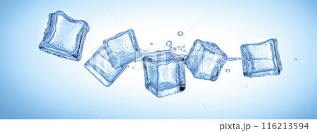 Fresh clear ice cubes floating with water splashes on light blue background, dynamic motion freeze. refreshing summer drinks and cold objects 116213594
