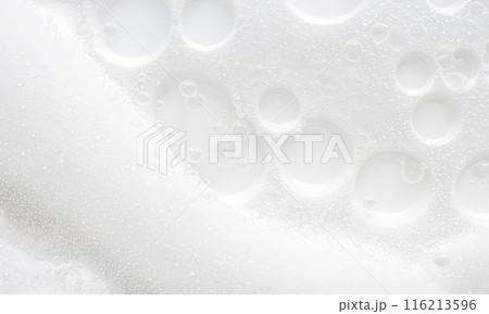 Closeup view of white foam texture with various bubble sizes on light background, suitable for concepts of cleanliness, purity, and cosmetics Closeup view of white foam texture with various bubble sizes on light background, suitable for concepts of cleanliness, purity, and cosmetics 116213596