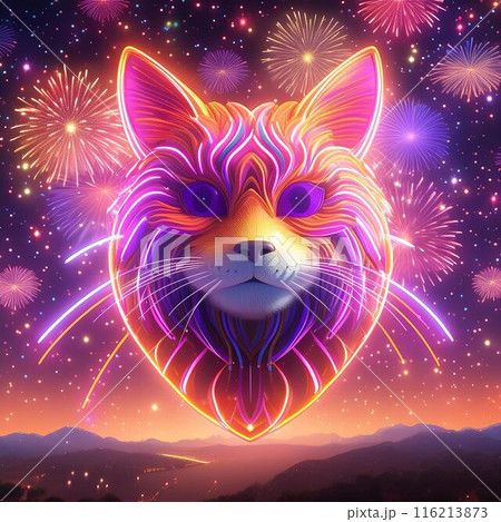 気球　花火　夜空　猫　5個セット ファンタスティックな猫の形の花火がキラキラ輝く星空 のイラスト素材