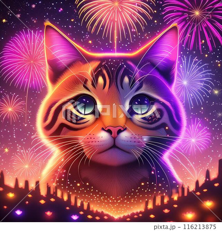 気球　花火　夜空　猫　5個セット ファンタスティックな猫の形の花火がキラキラ輝く星空 のイラスト素材