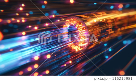 Fiber optics network cable on technology background 116213981