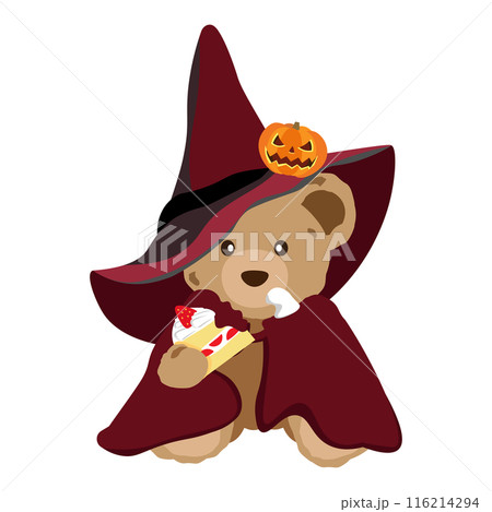 ハロウィンで仮装してケーキを食べるクマのぬいぐるみのイラスト 116214294