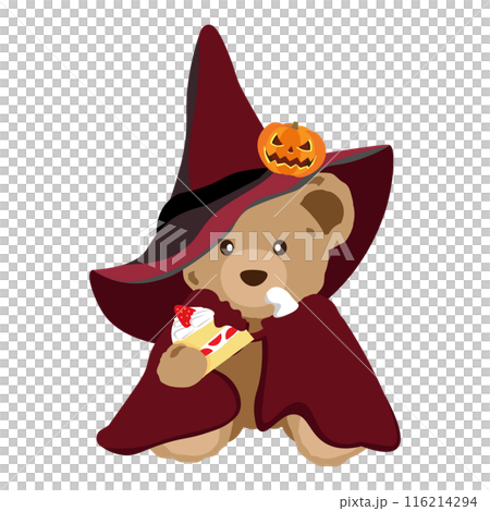 ハロウィンで仮装してケーキを食べるクマのぬいぐるみのイラスト 116214294