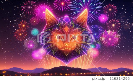 ファンタスティックな猫の形の花火がキラキラ輝く星空	 116214296