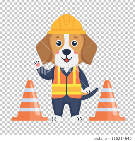 Beagle dog wearing a helmet at a construction site 1 / Material for flyers and posters Beagle dog wearing a helmet at a construction site 1 / Material for flyers and posters 116214640