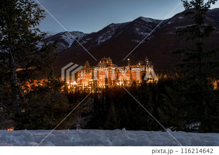 Banff Springs Hotel in winter night. View from Surprise Corner Viewpoint. Banff National Park, Canadian Rockies. Alberta, Canada. 116214642