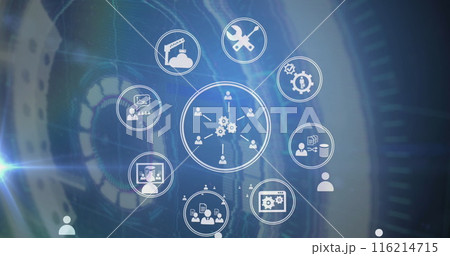 Image of multiple circles with settings, people, finance icons over scanning circles 116214715