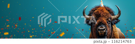 A majestic bison adorned with a festive hat and confetti against a blue background, celebrating in a joyful and colorful atmosphere. 116214763