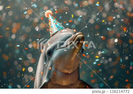 A playful dolphin wearing a party hat surrounded by colorful confetti, celebrating and having fun. 116214772