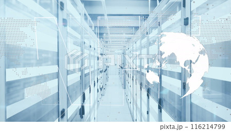 Image of nft text banner, spinning globe and light trails against computer server room 116214799