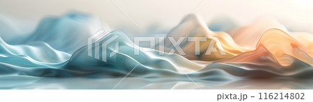 Abstract fluid waves in pastel colors creating a serene landscape; fluid, smooth curves and gradients for a calming visual effect 116214802