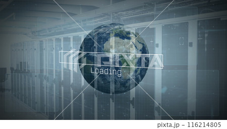 Image of interface with data processing over spinning globe against computer server room 116214805