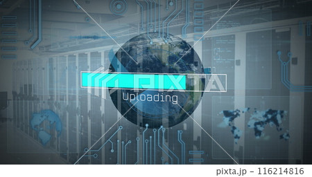Image of interface with data processing over spinning globe against computer server room Image of interface with data processing over spinning globe against computer server room 116214816