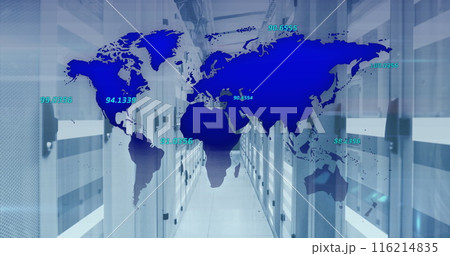 Image of network of connections over world map against computer server room Image of network of connections over world map against computer server room 116214835