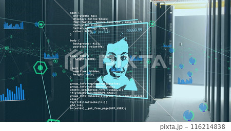 Image of changing profile icons, network of connections and data processing against server room Image of changing profile icons, network of connections and data processing against server room 116214838