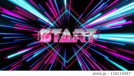 Image of start text over neon light trails on black background 116214887