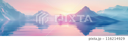 Abstract pastel landscape with futuristic geometry, serene water, gradient dusk sky, 3D Render, Gentle Hues 116214929