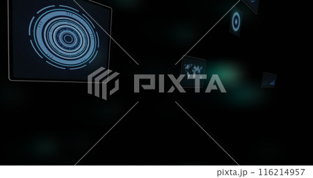 Image of scopes and data processing over globe and dark background 116214957