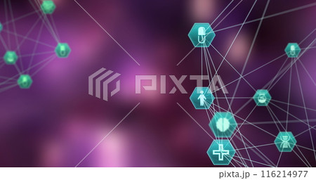 Image of network of connections with medical icons over purple background Image of network of connections with medical icons over purple background 116214977