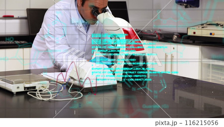 Image of scientific data processing over biracial male scientist with microscope in laboratory 116215056