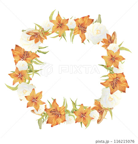 Frame of orange lilies. Watercolor illustration. Set of plant elements.Frame of orange lilies, hand drawn 116215076