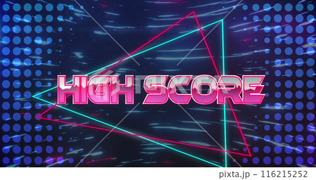 Image of high score text on triangular banner and blue light trails spinning in seamless pattern 116215252