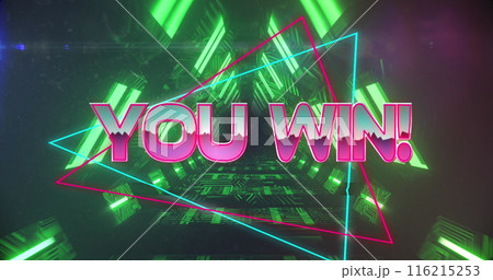 Image of high score text on neon banner against neon green triangular in seamless pattern 116215253