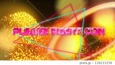 Image of please insert coin text banner over orange glowing digital waves and neon round scanner 116215256