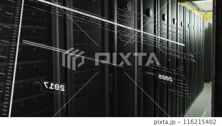 Image of screens with programming language and numbers moving over data server racks Image of screens with programming language and numbers moving over data server racks 116215402