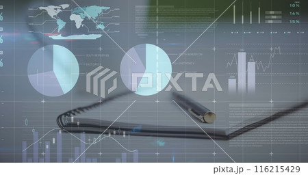 Image of statistical data processing against close up view of a pen and diary on office table 116215429