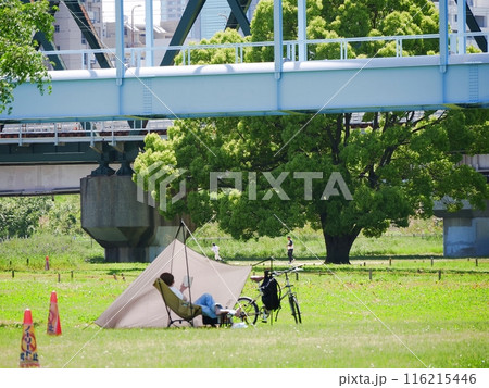 大阪　淀川　淀川河川公園で読書する人（長柄地区、淀川水管橋付近）（初夏） 116215446