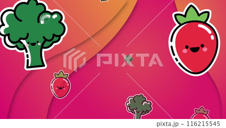 Image of falling broccoli and tomatoes over abstract pattern against pink background 116215545