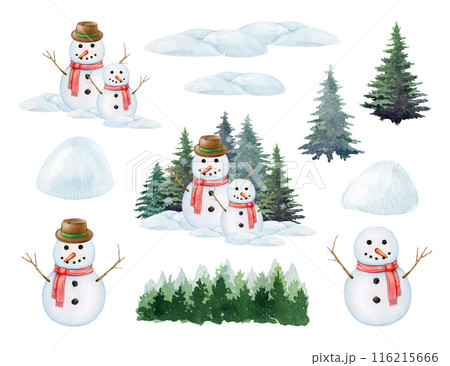 Funny snowman, fir trees snow piles elements painted set. Vintage style illustration. Snowman in winter forest scene. Traditional winter season snow decoration elements 116215666
