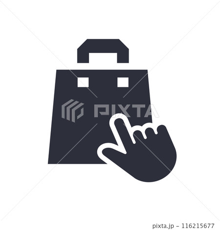 Icon showing a bag and a pointing finger, symbolizing online shopping. Vector illustration. Icon showing a bag and a pointing finger, symbolizing online shopping. Vector illustration. 116215677