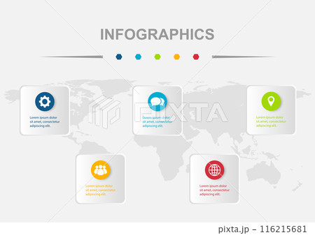 Infographic design template with 5 circle on rounded regtangles 116215681