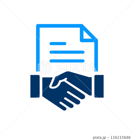 Graphic icon of a handshake with a document, symbolizing agreements and contracts. Vector illustration. 116215686