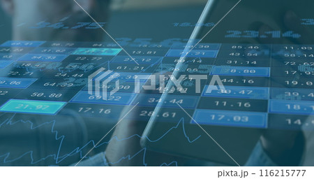 Image of numerical report over caucasian businessman working over digital tablet in office 116215777