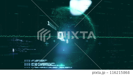 Image of globe and line moving over computer language and binary codes Image of globe and line moving over computer language and binary codes 116215868