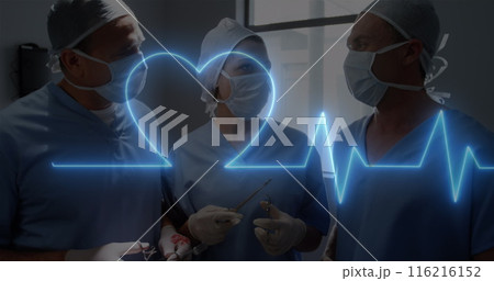 Image of heart rate monitor against team of diverse surgeons performing surgery at hospital 116216152