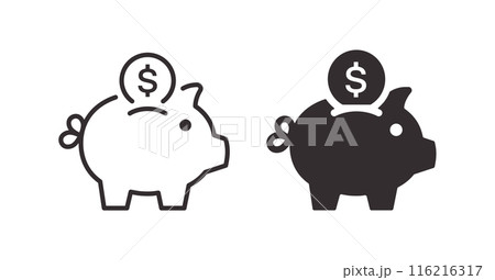 Silhouette icons of piggy banks with a dollar coin, symbolizing savings and financial security. Vector illustration. Silhouette icons of piggy banks with a dollar coin, symbolizing savings and financial security. Vector illustration. 116216317
