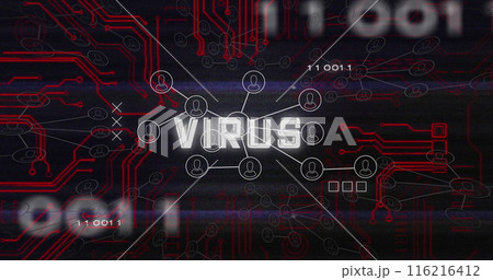 Image of virus text, binary codes over connected icons against circuit board pattern 116216412