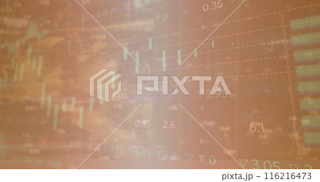 Image of multiple graphs, loading circles and trading board against abstract background 116216473