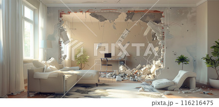 Demolishing a wall to create an open floor plan in home renovation 116216475