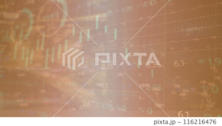 Image of multiple graphs, loading circles and trading board against abstract background 116216476