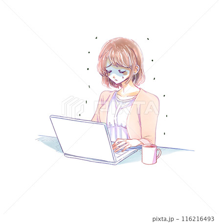 ノートパソコンを操作する寒そうな女性 116216493
