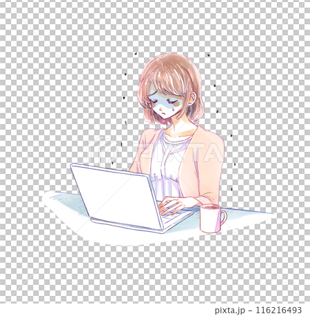 ノートパソコンを操作する寒そうな女性 116216493